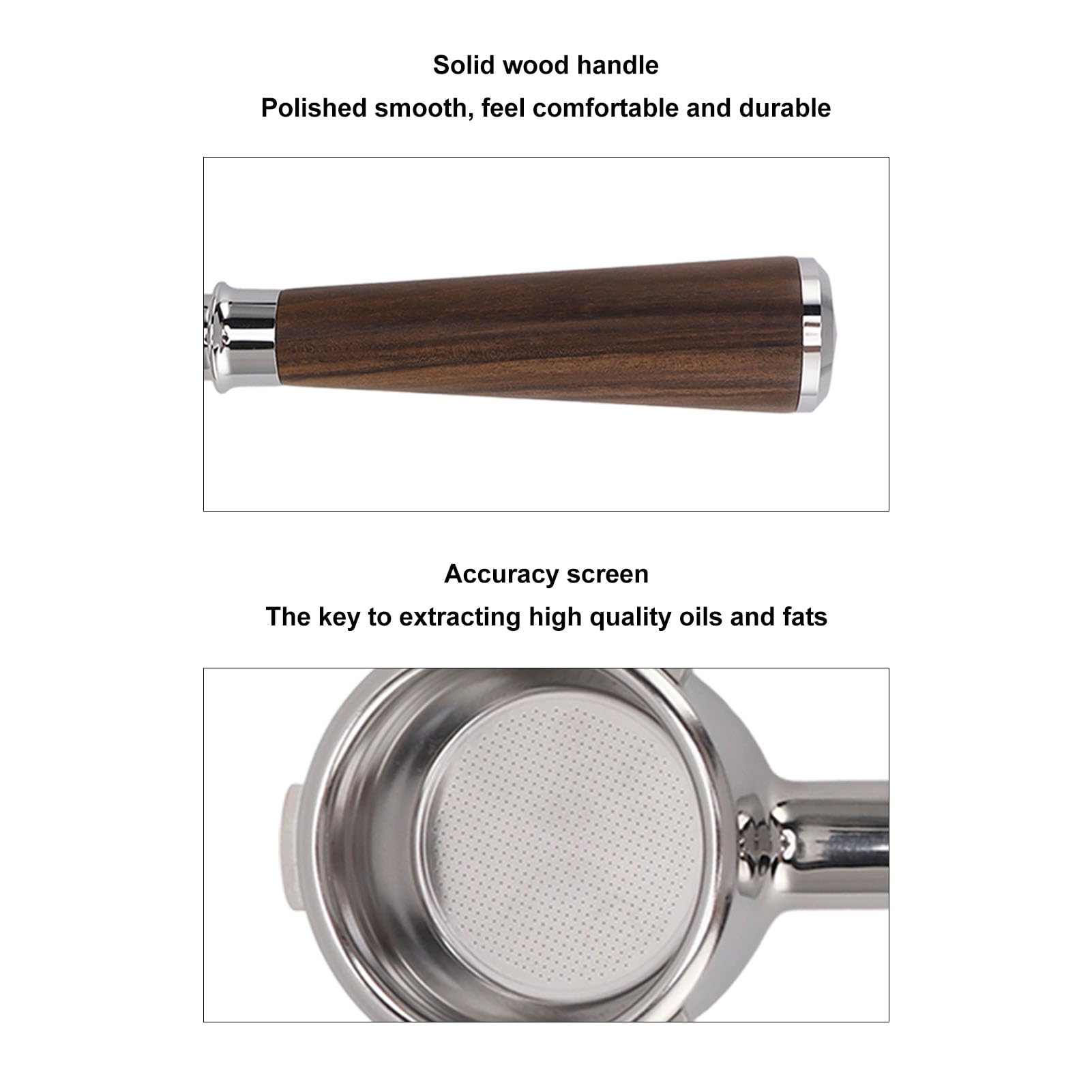 Portafiltro sin fondo de 58 mm con 3 orejas de acero inoxidable para café con mango de madera maciza, mango de café Barsetto para máquina de café, mango de café (introduce una rama de ácido negro)