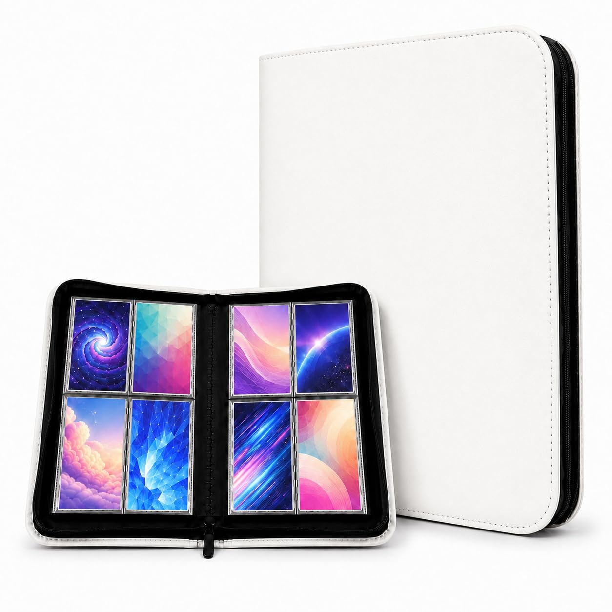 4 Pocket Card Binder, 160 Pockets Ringless PU Trading Card Binder with Zipper for TCG, MTG, Sports Cards, Game Cards, Side-Loading Binder (White)