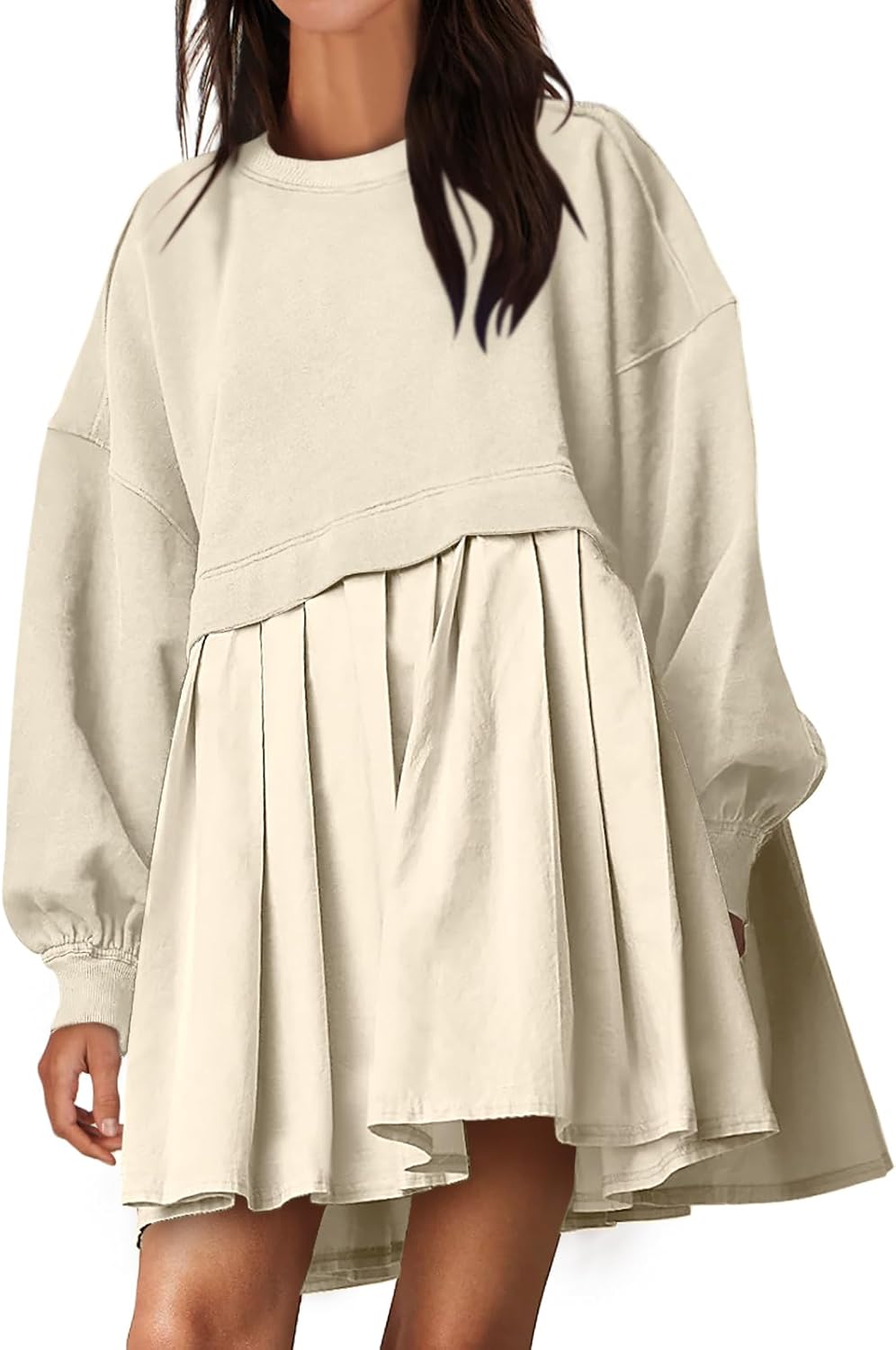 ANRABESS Women Sweatshirts Dress Oversized Long Sleeve Patchwork Casual Loose Pleated Pullover Mini Dress Fall Outfits 2025