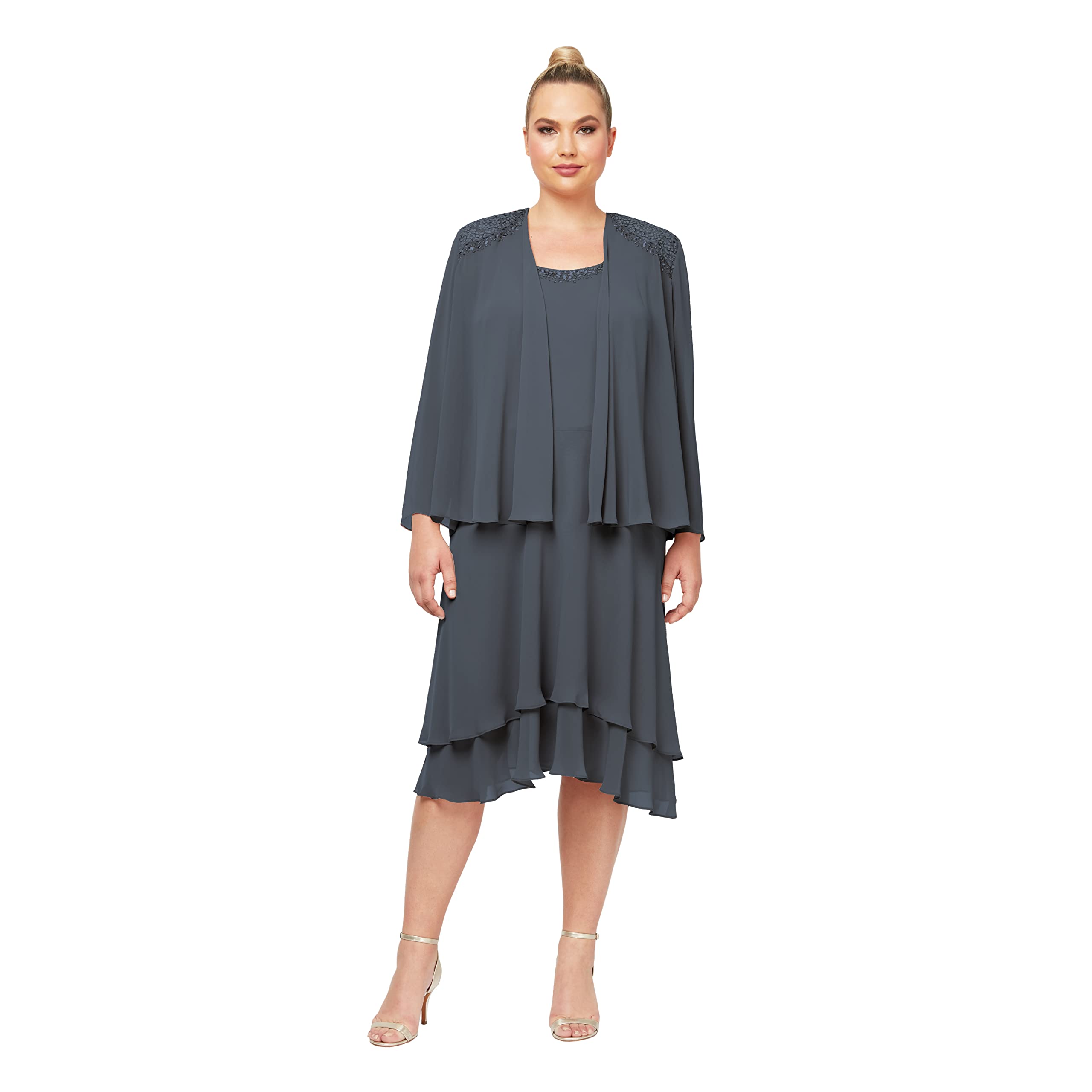 S.L. Fashions Women's Embellished Chiffon Tiered Jacket Dress