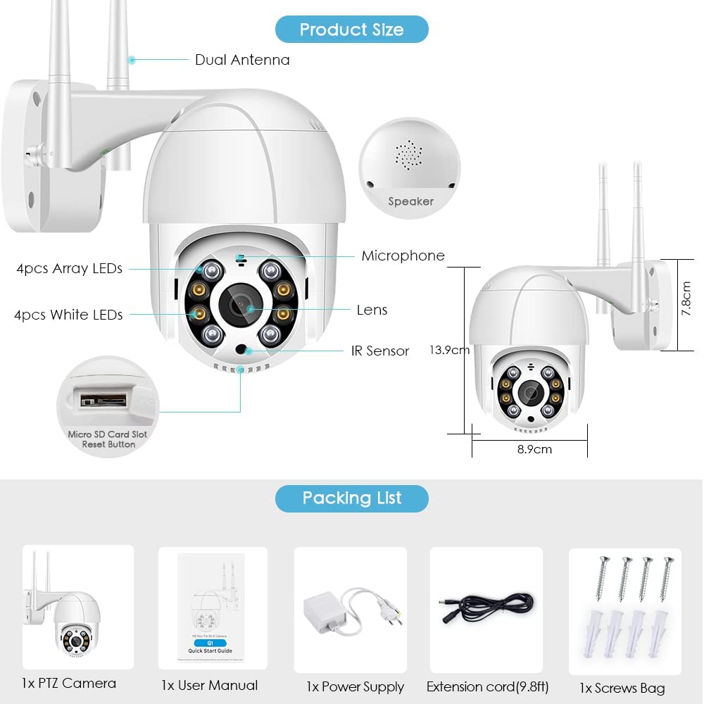 1080P Cameras de Vigilancia WiFi, Camara WiFi Exterior Motorizada Impermeable IP66 con Audio de Dos Vías, Visión Nocturna en Color de 30M Detección de Movimiento Monitorización Inteligente