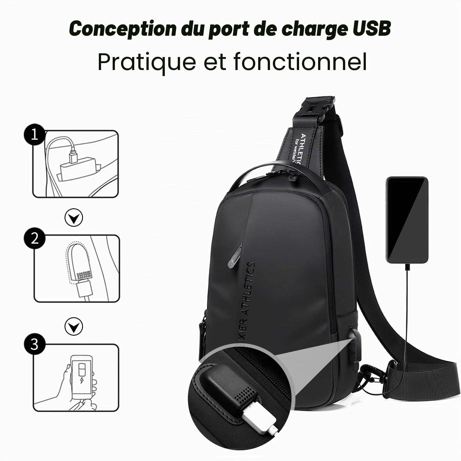 FANDARE Sac Poitrine Sacs de Sport bandoulière Sacs à Dos porté Travers Homme Sac d'Epaule avec Chargement USB et Port Nylon Sacoche pour Cyclisme Moto en Plein Air Sling Bag Noir