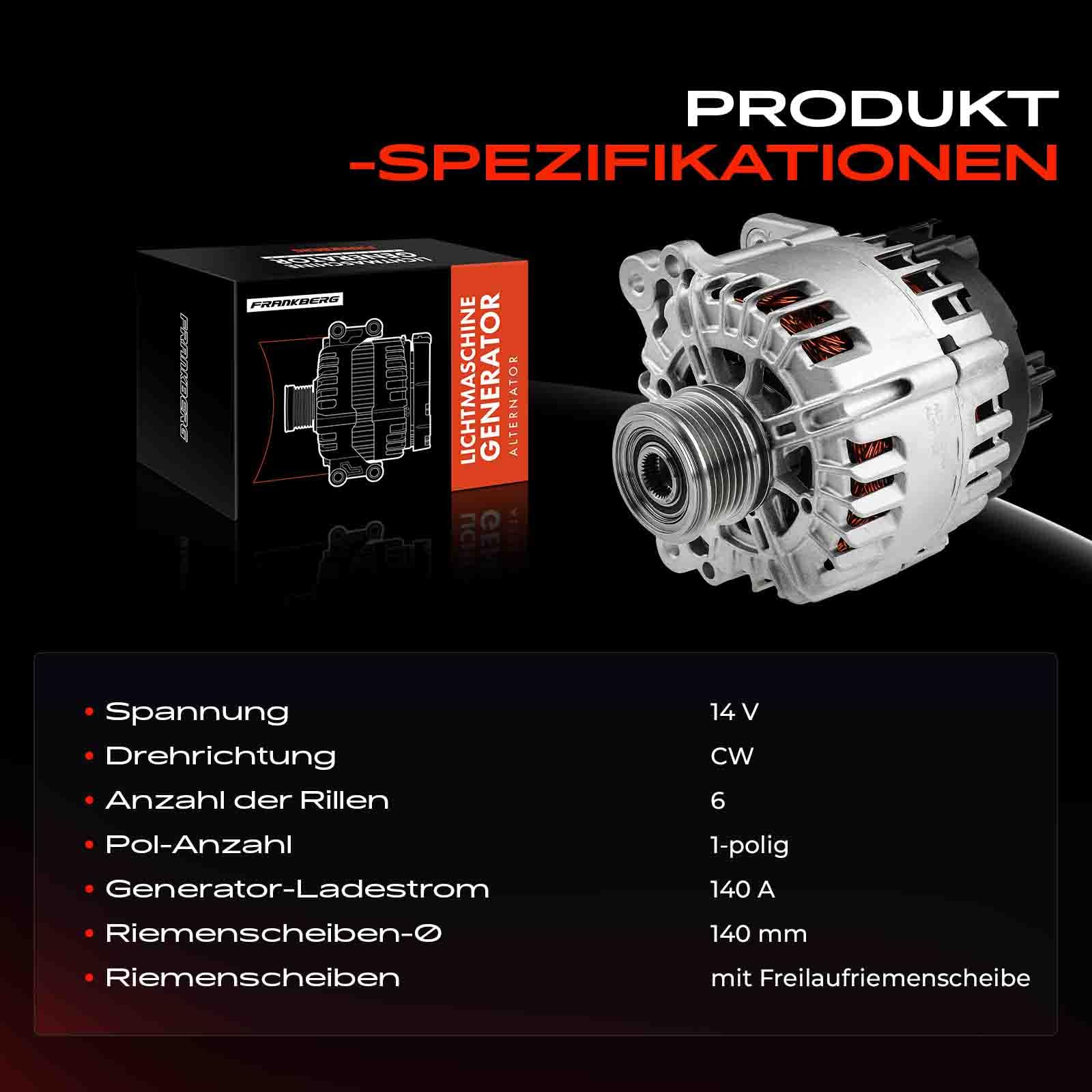 Frankberg Lichtmaschine Generator Kompatibel mit A1 8X1 8XK 8XA 8XF 2011-2018 A3 8P1 8P7 8PA 2003-2013 TT 8J3 8J9 2008-2014 Fabia 542 545 NJ3 NJ5 2010-Heute