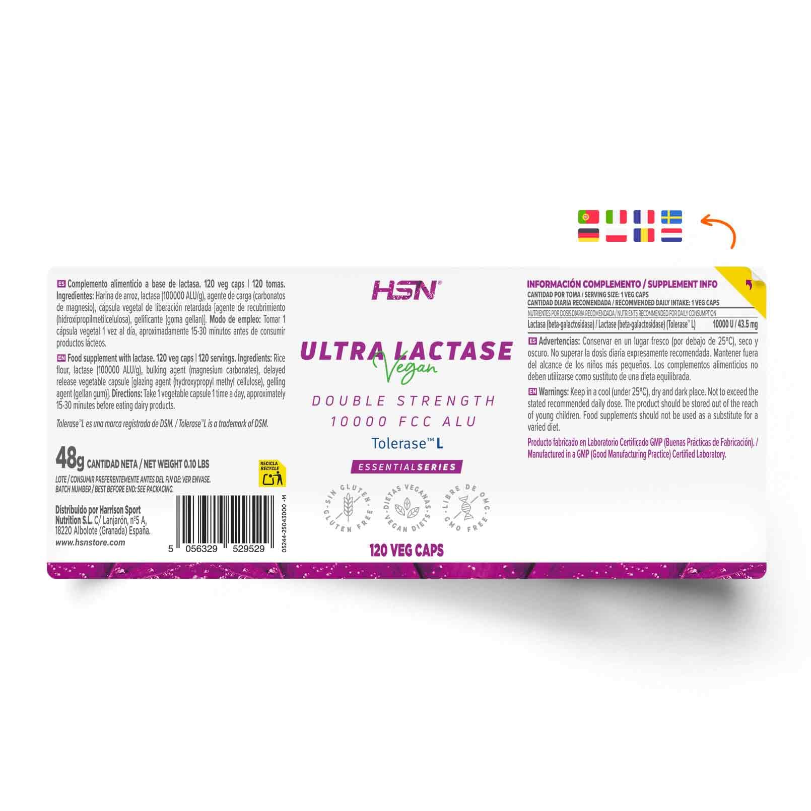 HSN Ultra Lactasa 10000 FCC ALU (Tolerase™ L) | 120 Cápsulas Veganas de Liberación Retardada | Enzima Digestiva de Alta Potencia para la Digestión de la Lactosa | Sin Gluten
