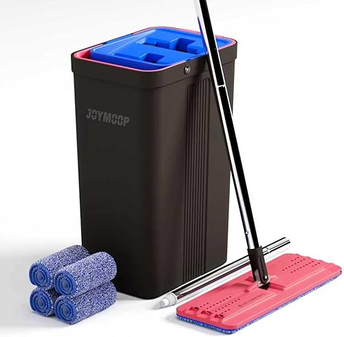 JOYMOOP Trapeador y cubo con juego de escurridor, trapeador de piso plano manos libres y cubo, con 4 almohadillas de microfibra lavables, uso húmedo