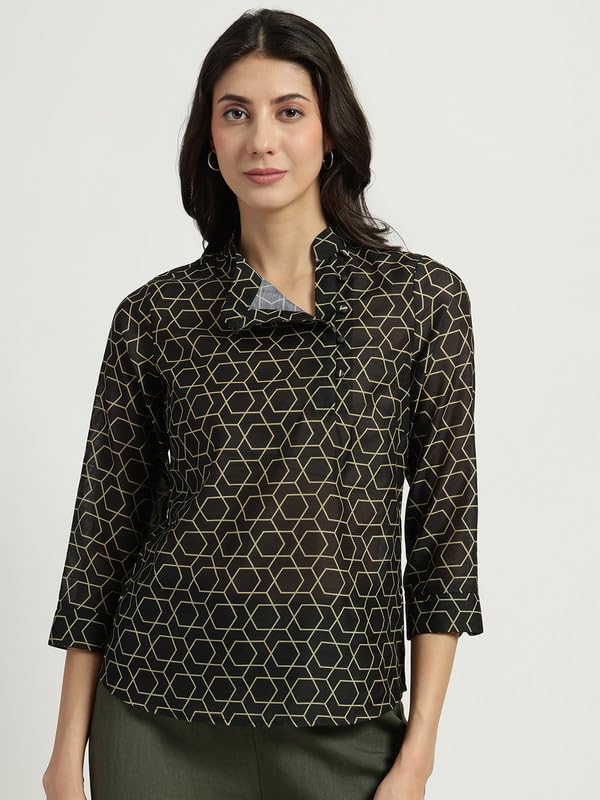 Image of FableStreet Women Formal Top | Asymmetrical Button Placket Band Collar Three-Quarter Sleeves | Pure Cotton Smooth Fabric for Office & Workwear