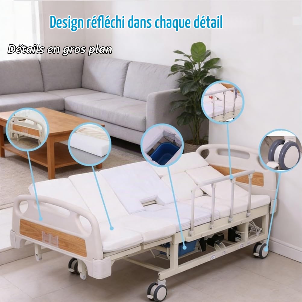 Lit médicalisé électrique 10 Fonctions, inclinable latéralement, pour Usage Domestique, avec Toilettes intégrées, barrières de sécurité complètes, Matelas, roulettes de 5 inch