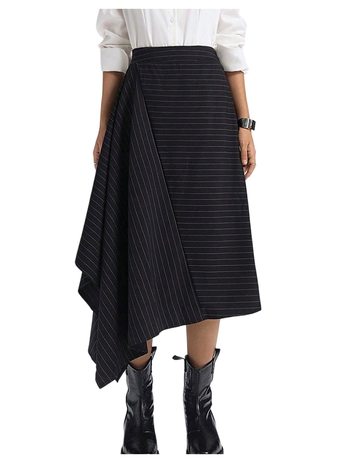 Verdusa Womens Business Casual Striped Ruffle Long Skirts Asymmetrical Elegant Flowy Skirt