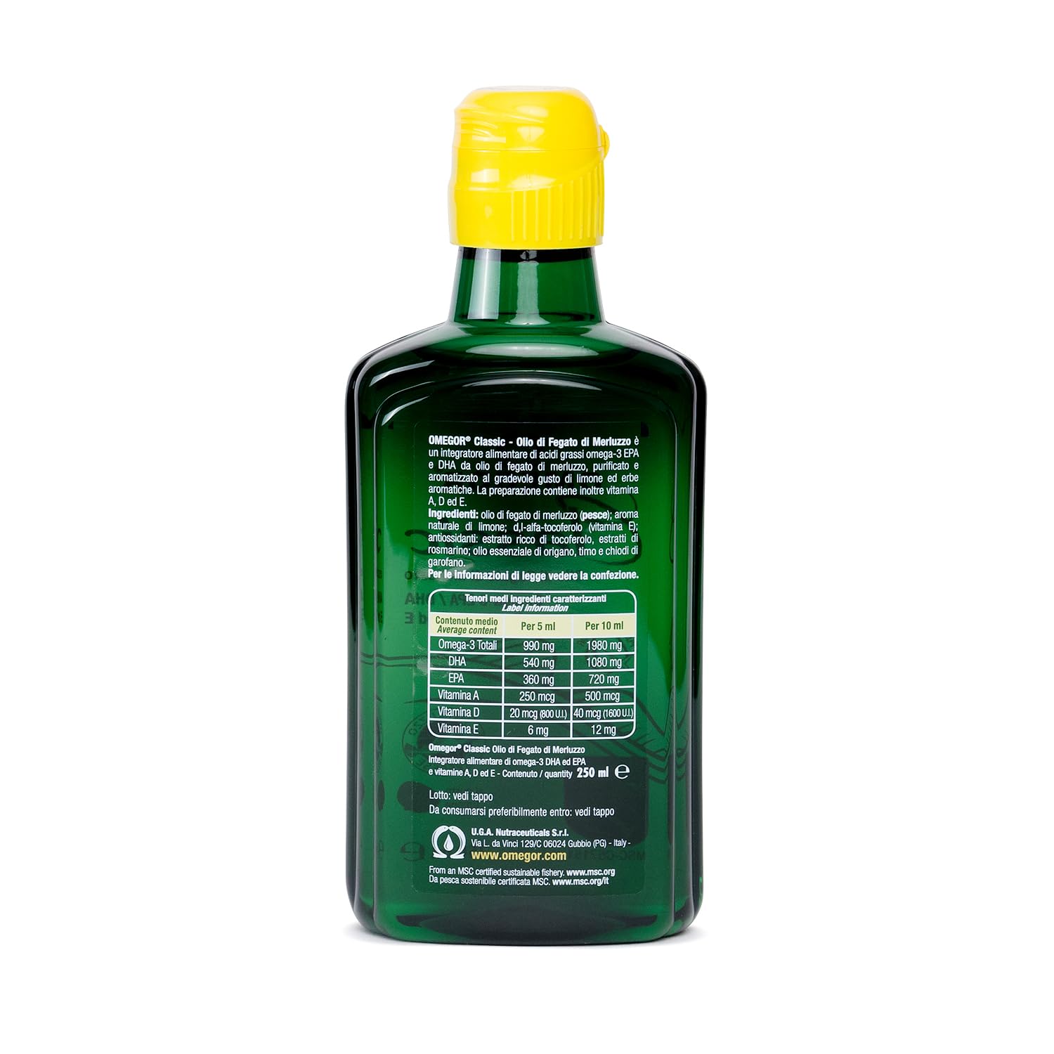 Olio di Fegato di Merluzzo Liquido OMEGOR Classic 250ml - Senza Retrogusto di Pesce - Omega 3 Liquido 1000mg con Vitamine A, D, E - 540mg DHA 360mg EPA