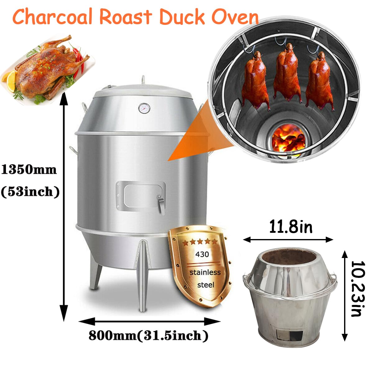EQCOTWEA Charcoal Roast Duck Oven, Stainless Steel Duck Roaster Oven, 31.5x31.5x53in Vertical Grill Roasting Machine with for Bekjing Duck Chicken Turkey BBQ Commercial Barbecue