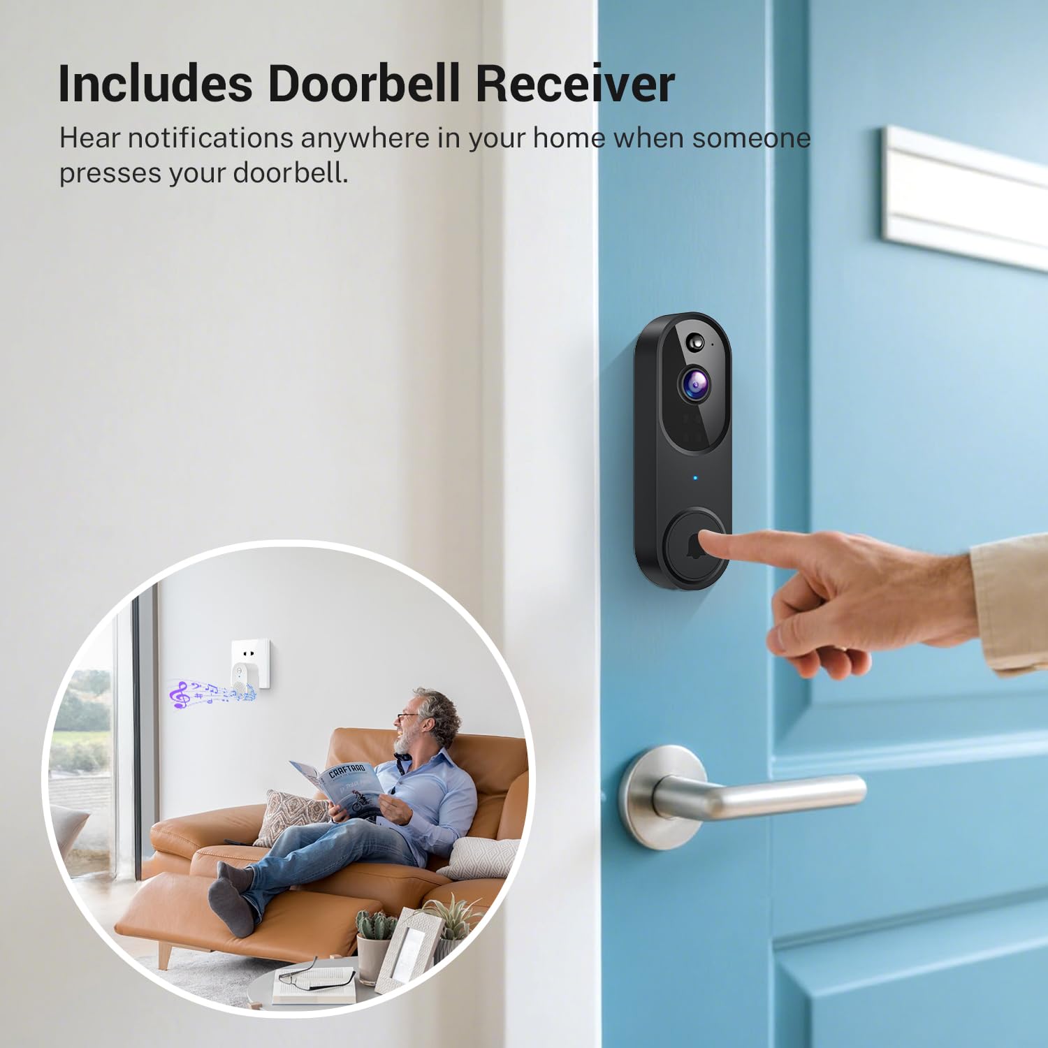 Videocitofono wireless Wi-Fi con rilevamento del movimento AI, audio a 2 vie, visione notturna, archiviazione cloud, solo Wi-Fi a 2,4 GHz, alimentato a batteria