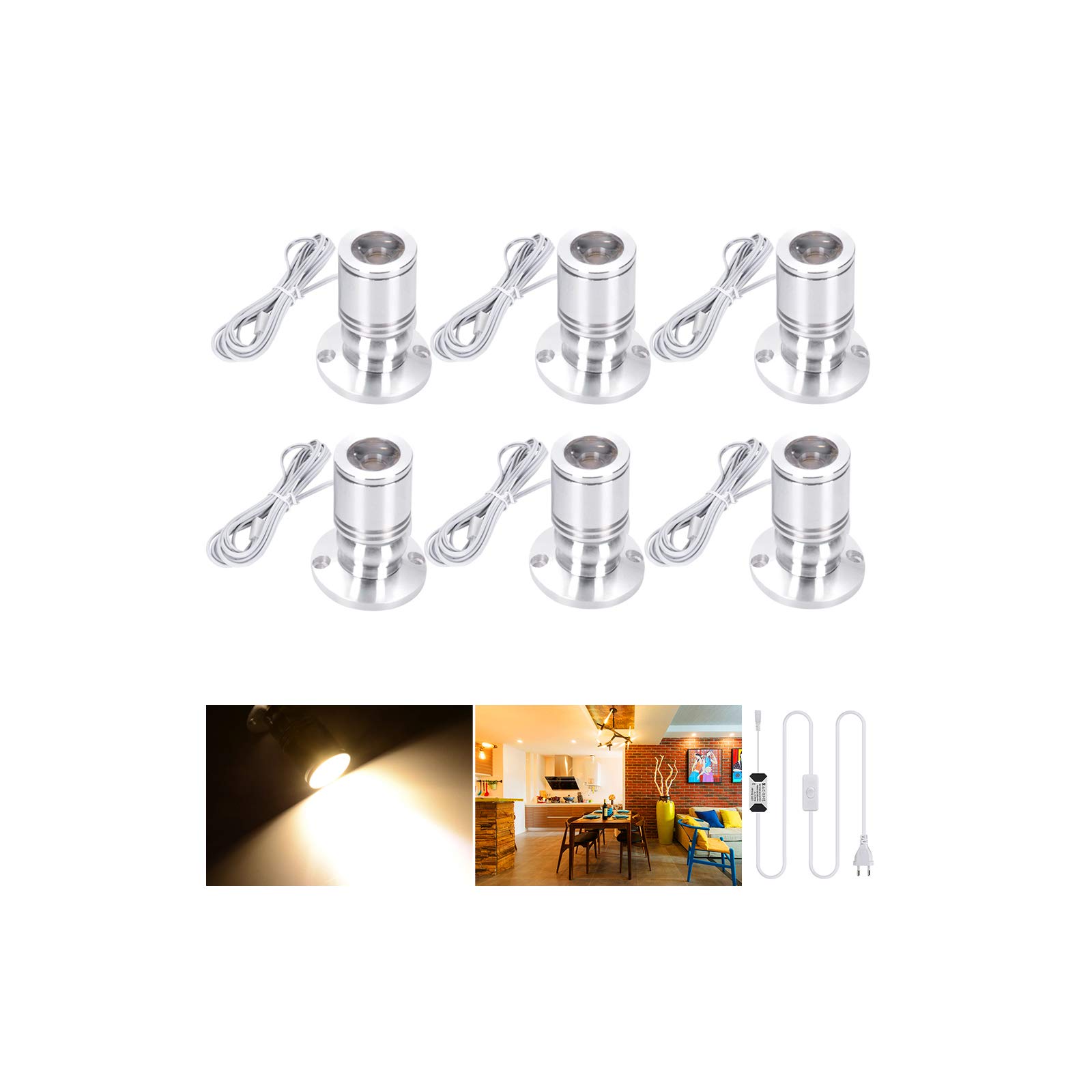 Spots LED USB Eyourlife - Lot De 6 | Éclairage Vitrine Blanc Chaud 3000K