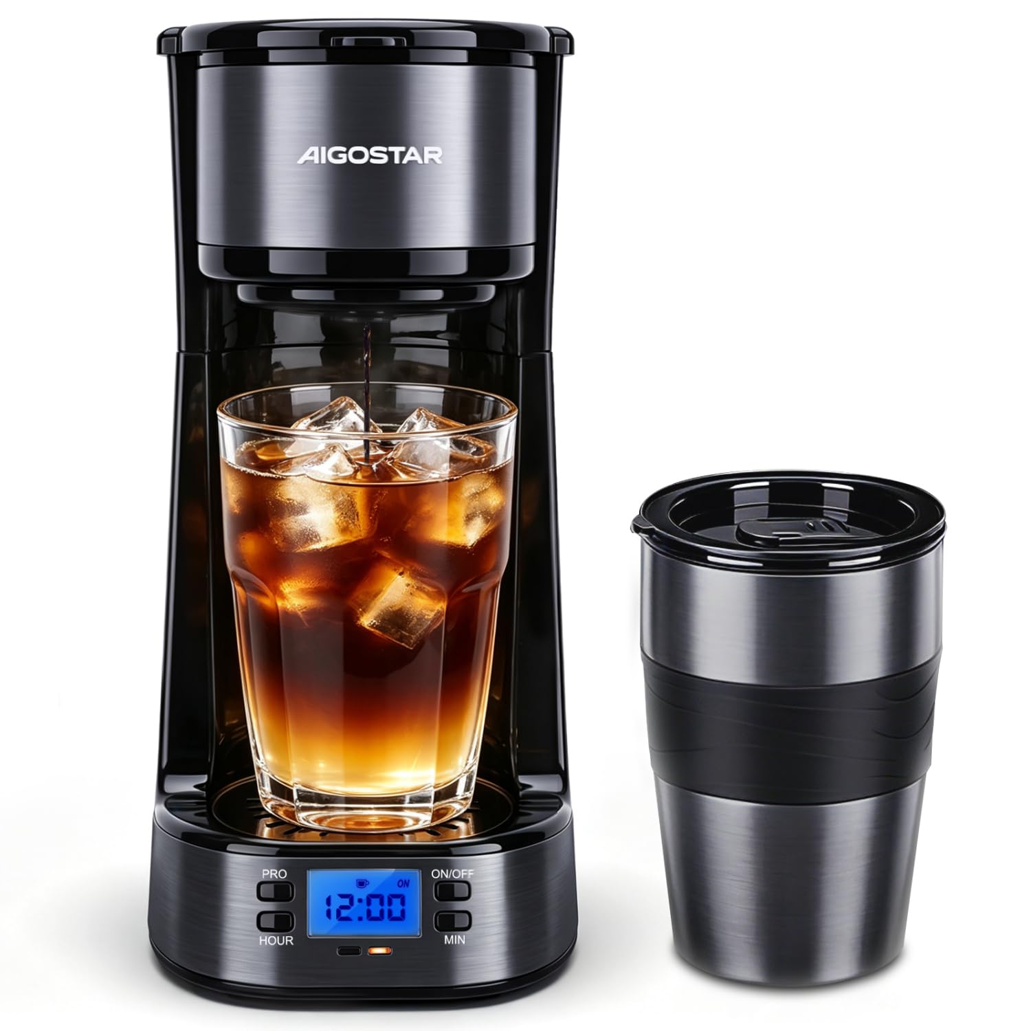 Aigostar Filterkaffeemaschine mit Thermobecher 420ml 24h Timer LCD 700W