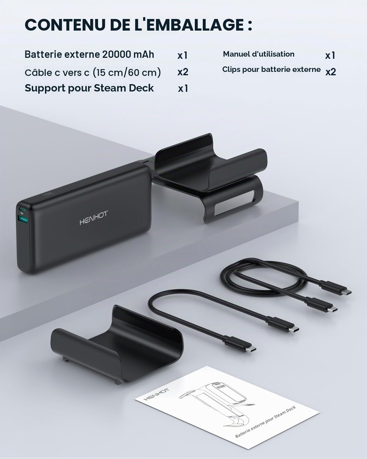 Batterie externe 65 W compatible avec Steam Deck/OLED, batterie portable PD 3.0 20 000 mAh avec support arrière amovible, batterie externe pour MacBook, Dell, Lenovo, Asus