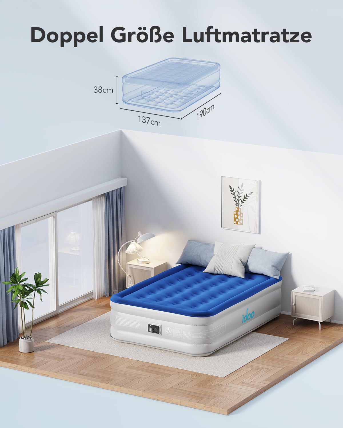 Materasso Ad Aria Doppio IDOO – Con Pompa Elettrica Integrata, Gonfiaggio In 3 Minuti, 137x190x38 Cm, Portata Max 295 Kg