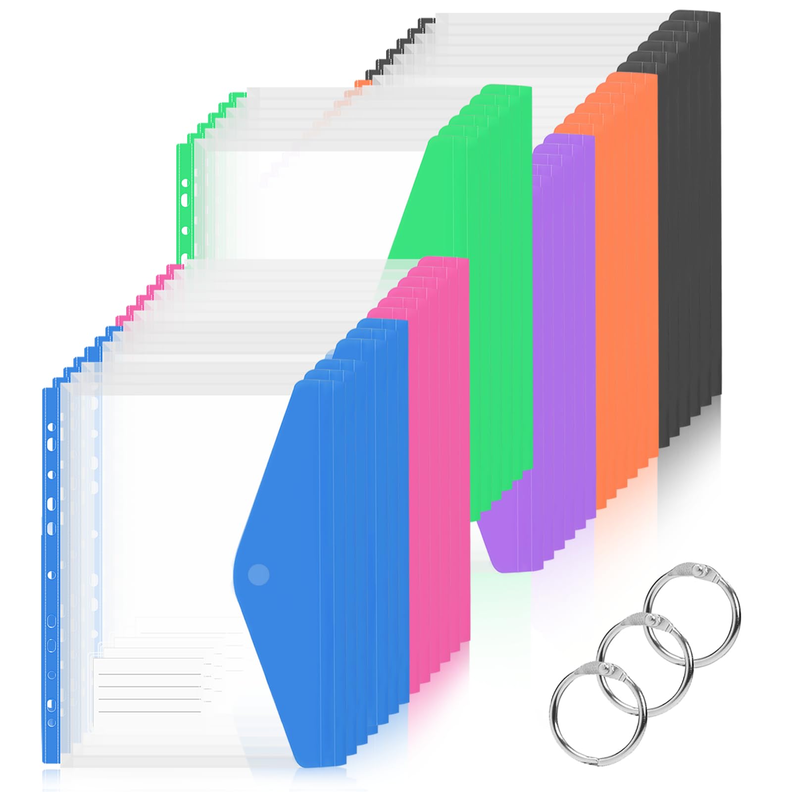 Binder Dividers with Pockets 11 Holes Expandable Plastic Folders for 2/3/4 Ring Document Pouch with Snap Button & Label Loose-Leaf Transparent for School Home Office (36 PCS Side-Opening)