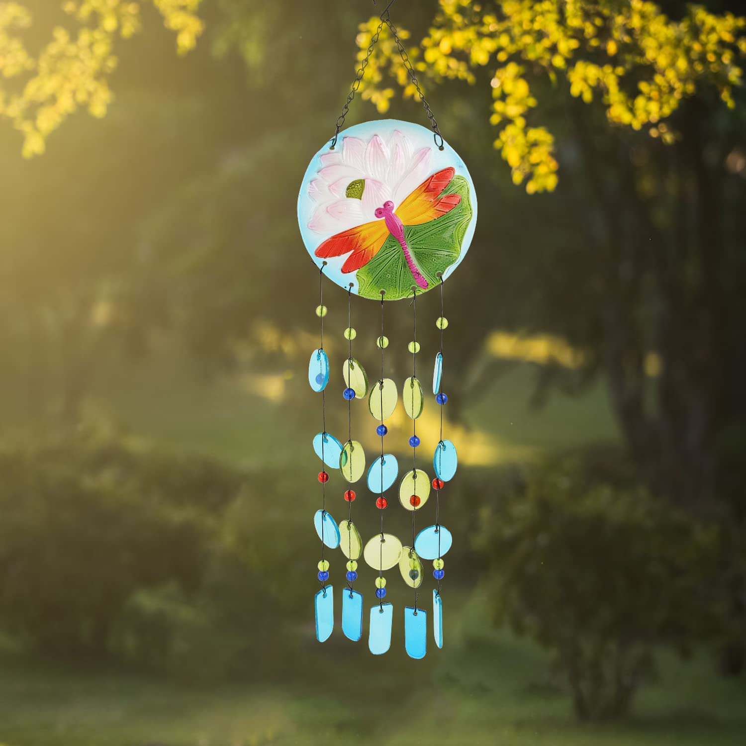 Photo 1 of Glass Wind Chimes for Outside, 29 Inch Dragonfly Windchimes Outdoors, Handworks Colorful Memorial Wind Chime with Hook as Gifts for Family and Friends, Patio Garden Yard Home Decor