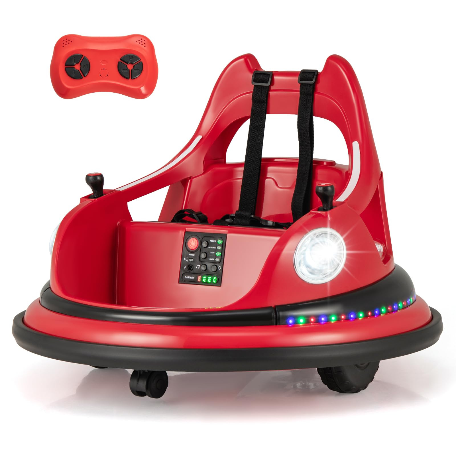 Costzon Bumper Car, 12V Electric Kids Ride on Bumping Car Toy W/Remote Control & Dual Joysticks, 360° Spin, 3.1MPH & 5 Light Effects & Music, Soft