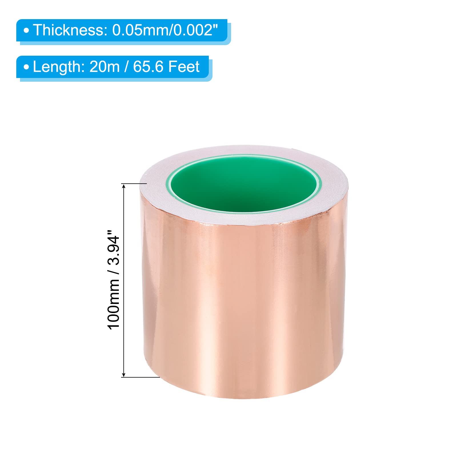 PATIKIL Rame Lamina Nastro 3.94" x 66 Piedi 0.05mm Spessore Doppio Lato Conduttivo Adesivo EMI Schermatura per Elettronica, Circuiti, Messa a terra