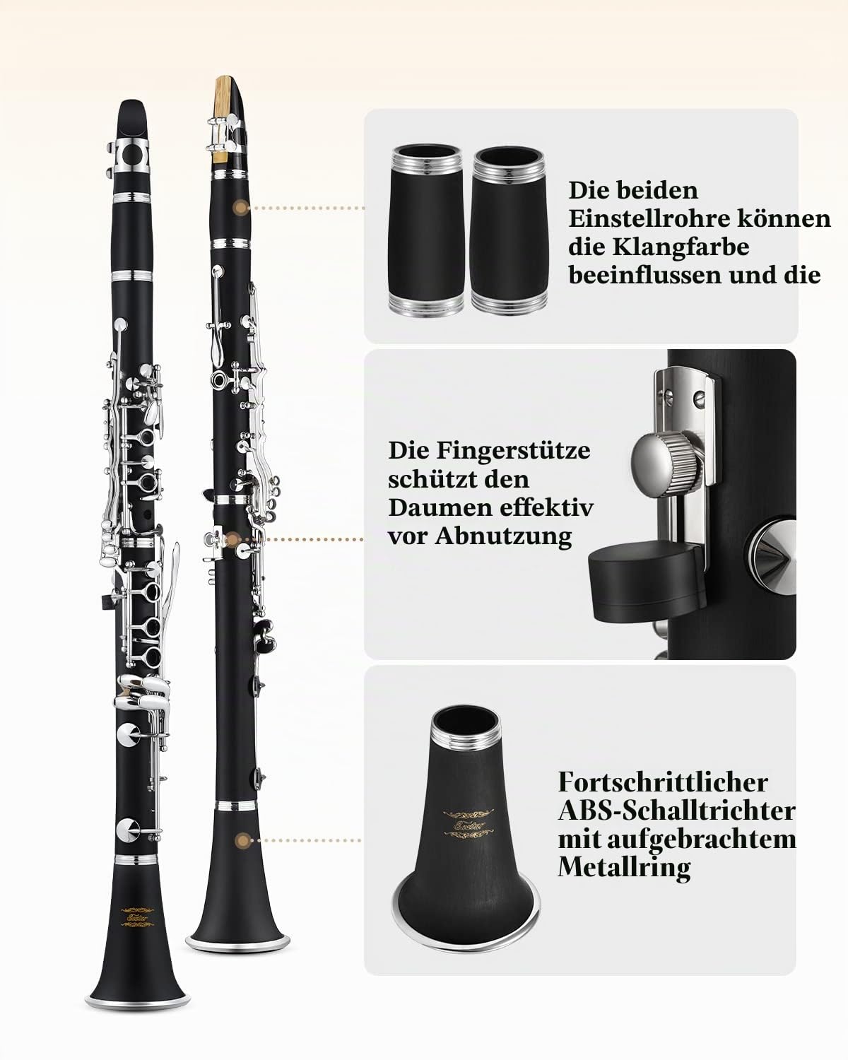 Eastar B-Klarinette für Anfänger, Ebonit Klarinette vernickelt mit 2 Birnen, 3 Blättern, weißen Handschuhen, Hartschalenkoffer, Reinigungsset, ECL-300