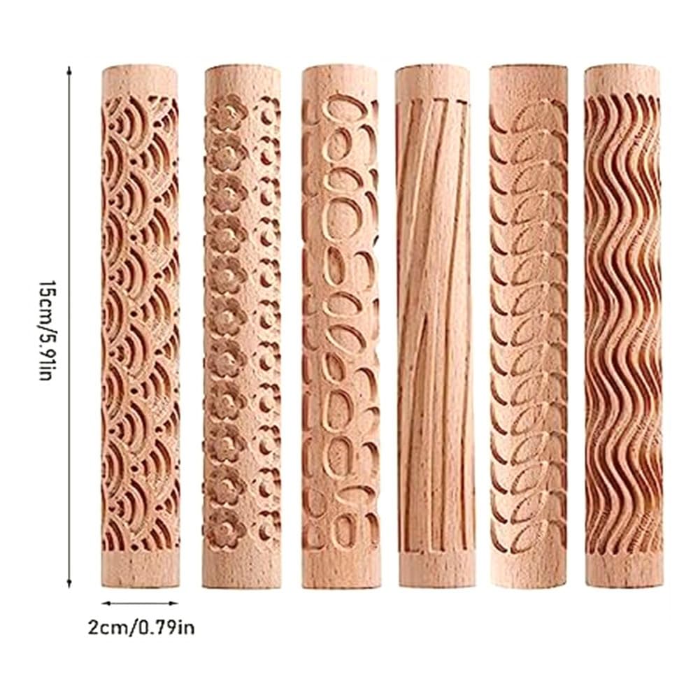 Kit di 6 rulli per modellazione in argilla in legno, mattarello testurizzato, manico in legno, set di strumenti per ceramica, durevole e facile da usare
