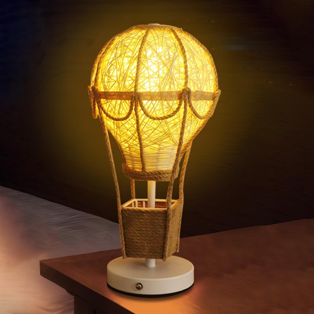 Kinder Nachttischlampe mit Touch Dimmbar, Tischleuchte Boho Kabellos, Kinderzimmer Heißluftballon Lampe Rattan Hanfseil Design Kinder Nachtlicht 3000K Warmes Licht für Schlafzimmer