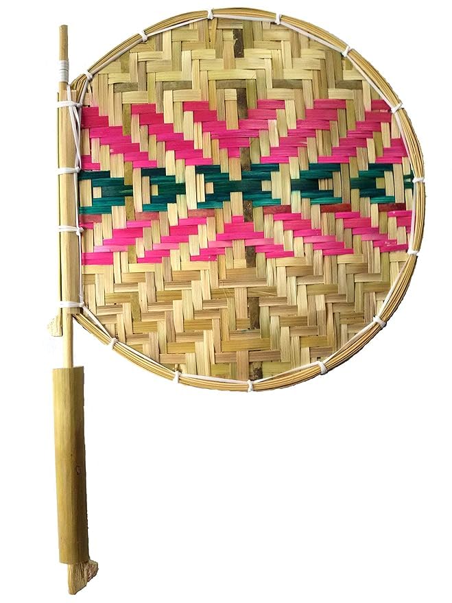 GIRLYZ ATTIRE Indian Traditional Hand Knitted Handheld Fan Hand Knit Crafted Handmade Beautiful Natural Hand Held Fan (Wooden Round Fan)