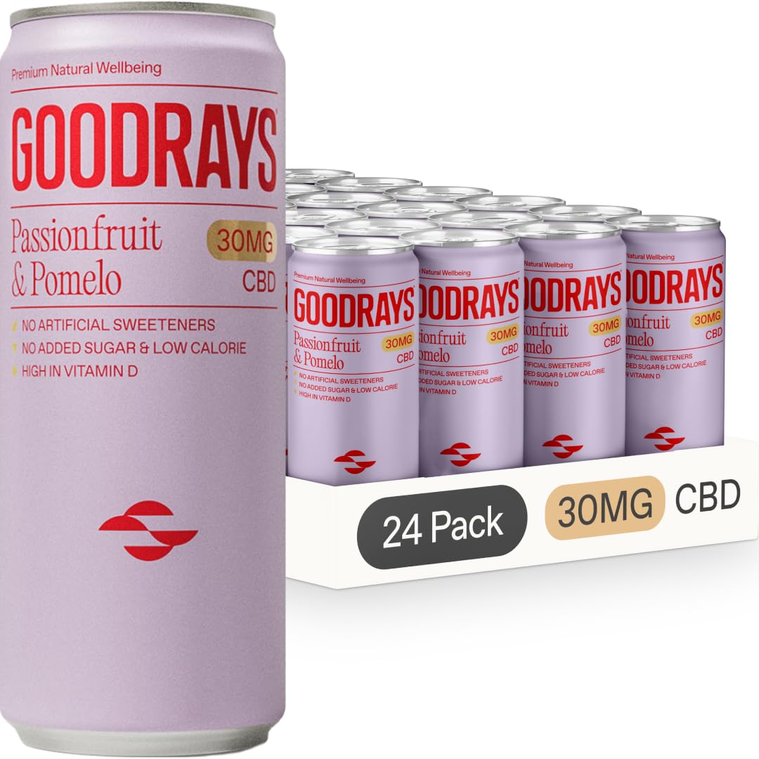 GOODRAYS CBD Drinks, Sparkling Low Calorie Soft Drink, Vegan, Passionfruit & Pomelo, 24 x 250ml Cans, Packaging May Vary