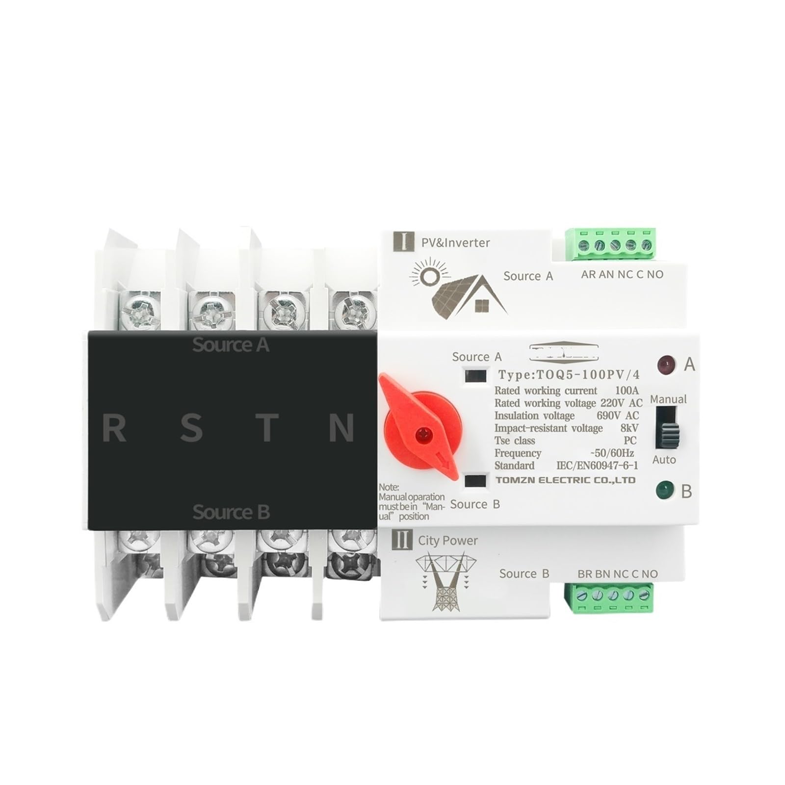 JNVFTCUX 4P 3 Phase 4 Wire DIN Rail ATS for Photovoltaic and Inverter Dual Power Automatic Transfer Selector Switch Uninterruptible(25v)