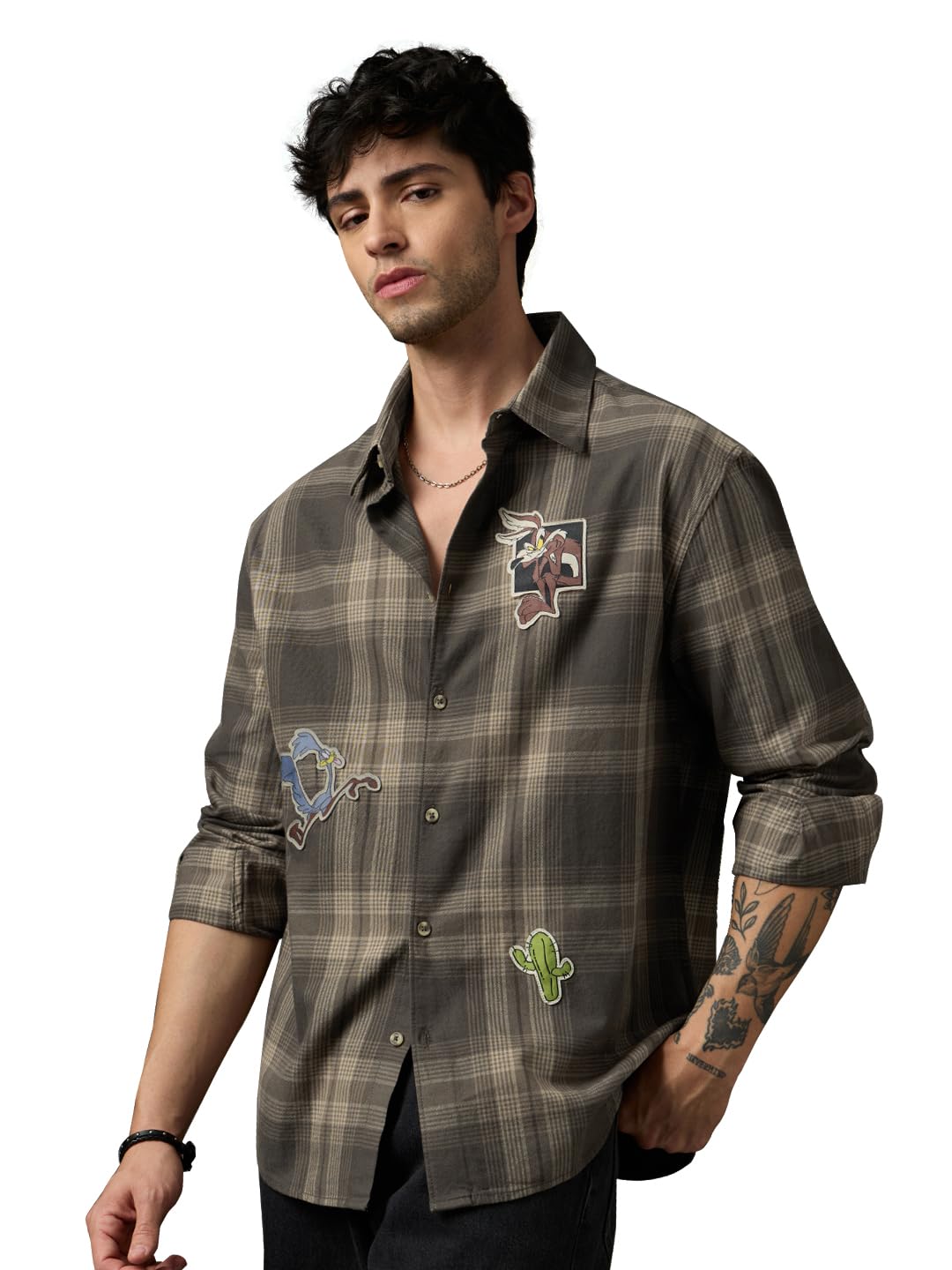 The Souled Store Looney Tunes: The Chase Men and Boys Long Sleeve Collared Dark Khaki Casual Lightweight Drop Shoulder Streetwear Trendy Embellished Relaxed Fit Cotton Shirt in khaki