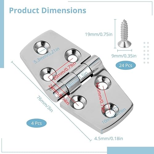 Miniatura 4 de 4 bisagras de acero inoxidable para puerta, 31.5 pulgadas, resistentes, pulido con espejo, grado marino para barcos, yates, puertas, ventanas,