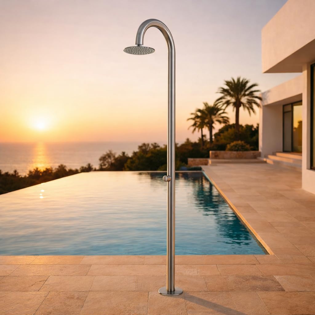 Ducha Solar Exterior Acero Inoxidable | Ducha de Piscina con rociador Superior | Columna Ducha jardín Inoxidable | Ducha Exterior terraza y Piscina