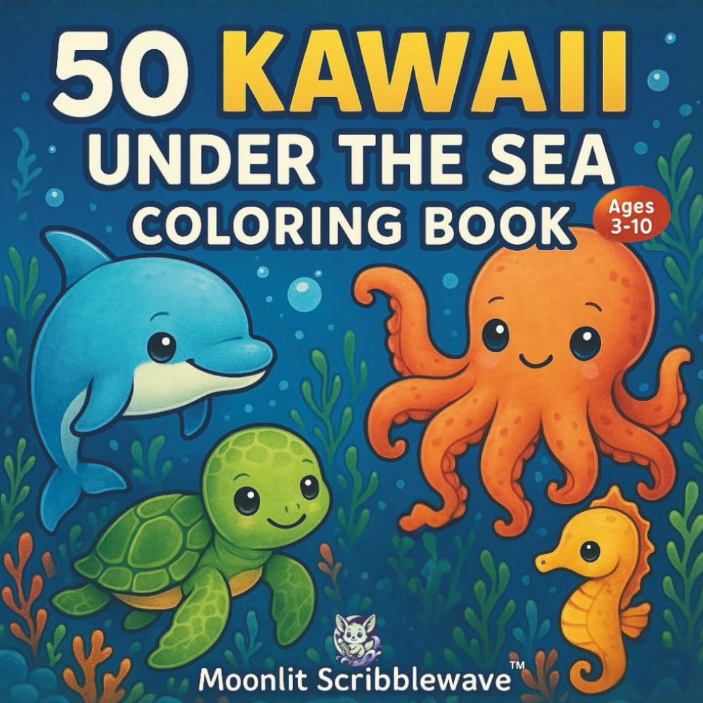 50 Kawaii Under the Sea Coloring Book: Cute Ocean Animals to Color for Kids Ages 3 –10 | Simple & Fun Sea Creatures, Dolphins, Sharks, Crabs, Turtles & More