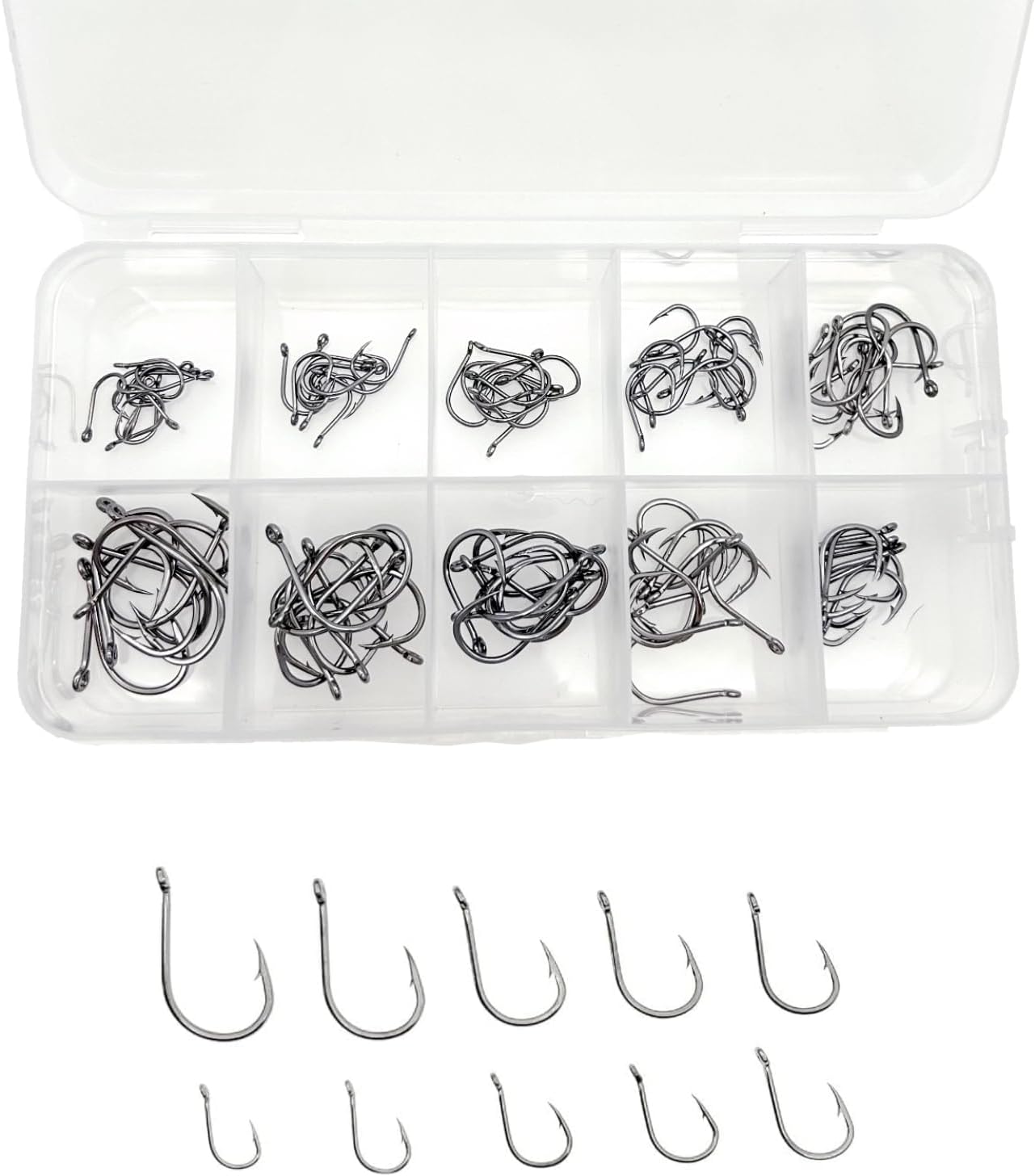 JZK 100pcs assorted Size 3 4 5 6 7 8 9 10 11 12, Carbon Steel Fishing Hooks with Eyes, Small Fish Hooks with Barb, Circle Fishing Hooks with Plastic Box