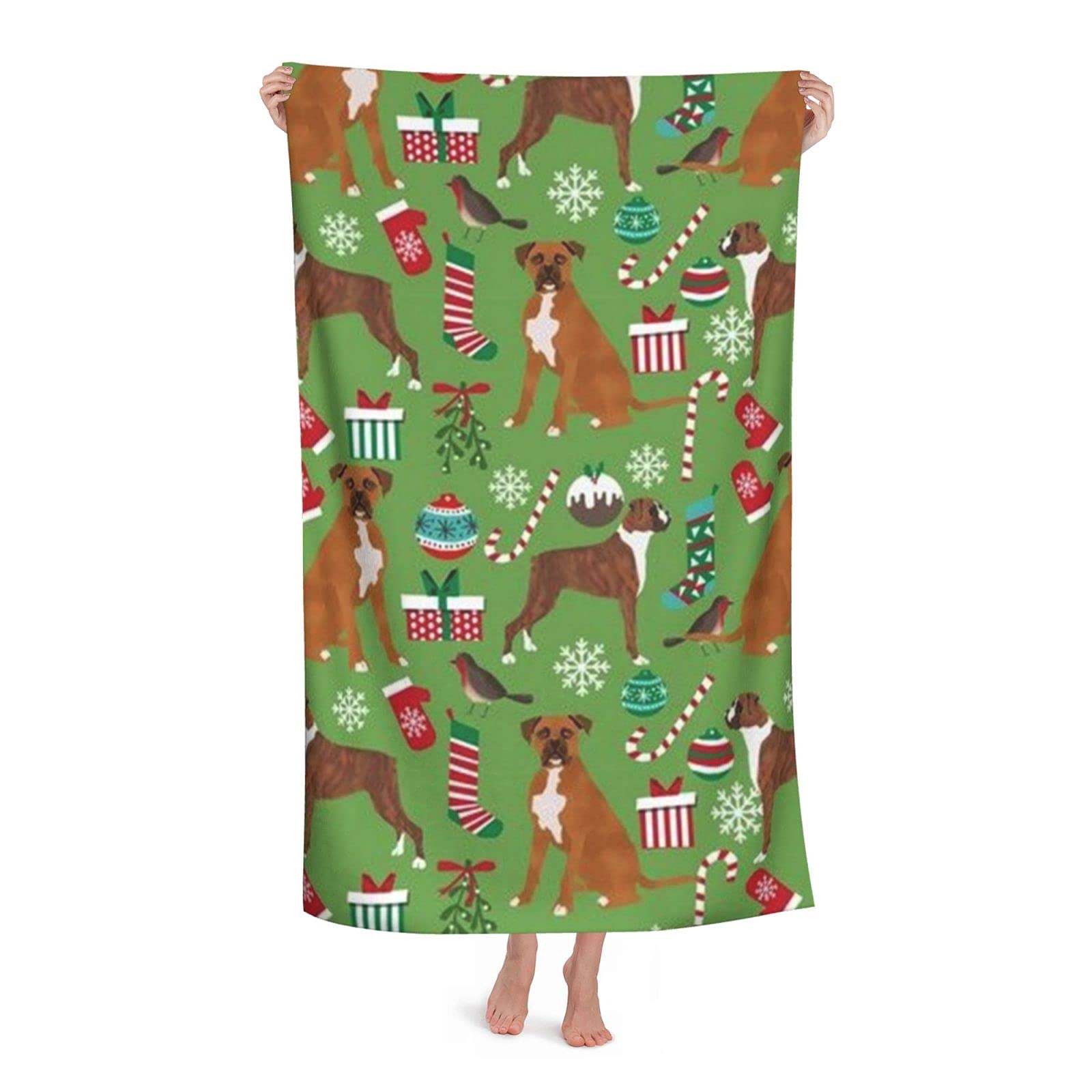 LSRCPD Boxer Dog Christmas Green Beach Towel Highly Absorbent Microfiber Beach Blanket Soft Bath Towels 80 x 130 cm
