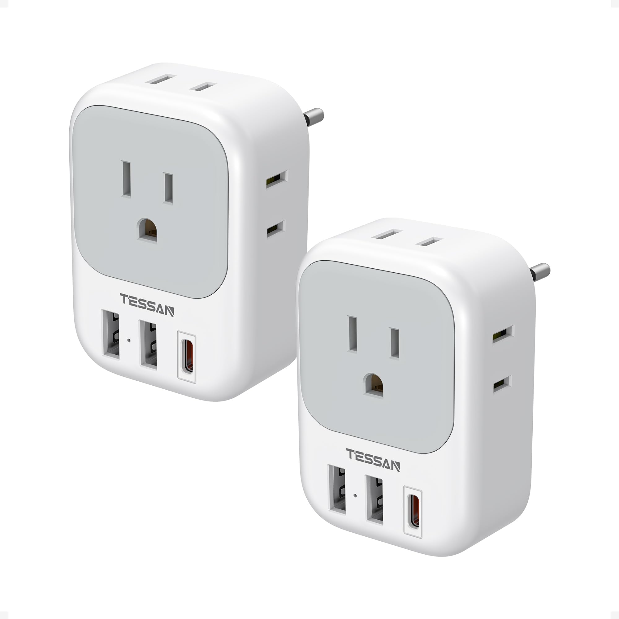 European Travel Plug Adapter 2 Pack TESSAN Universal Travel Adapter with 3 Charging Ports 1 USB Type-C + 2 USB-A Ports International Plug Adapter 150+ Countries, Compact All-in-One