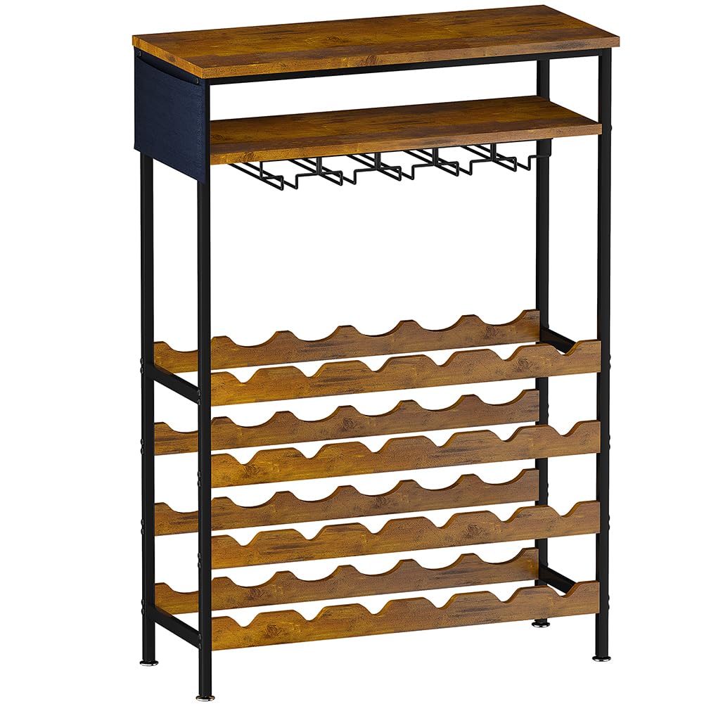 Shally Dogan Portabottiglie da Terra per Vino con 24 Scomparti Porta Bottiglie, 10 Portacalici e 1 Ripiano, Cantinetta Industrial per Angolo Bar con Struttura in Acciaio e Ripiani in Legno 66x30x100cm