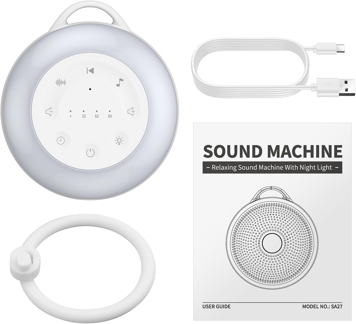 White Noise Maszyna pozostawiona z 24 kojącymi dźwiękami Siercable White Noise Maszyna 2000 mAh Bateria z 3-timerową funkcją pamięci 16 Stałą objętość dla dzieci dorosłych (biały)