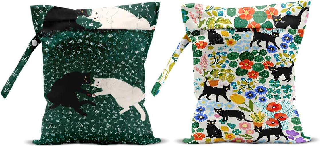 Hanamiya Na 2Pcs Cat Floral Print Wet Bags, Cat Lover Gifts Wet Dry Bag Reusable Zipper Pouch for Swimsuit, Diapers, Beach, Dirty Yoga Gym Clothes, Toiletries, Waterproof Birthday Christmas Gifts