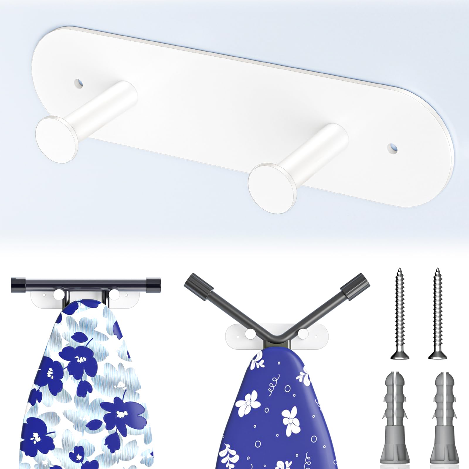 LOXSUN Ironing Board Hanger Wall Mount, Ironing Board Holder with Removable Hooks, Laundry Rooms Iron Boards Hook for Wall for Y or T Leg (White)