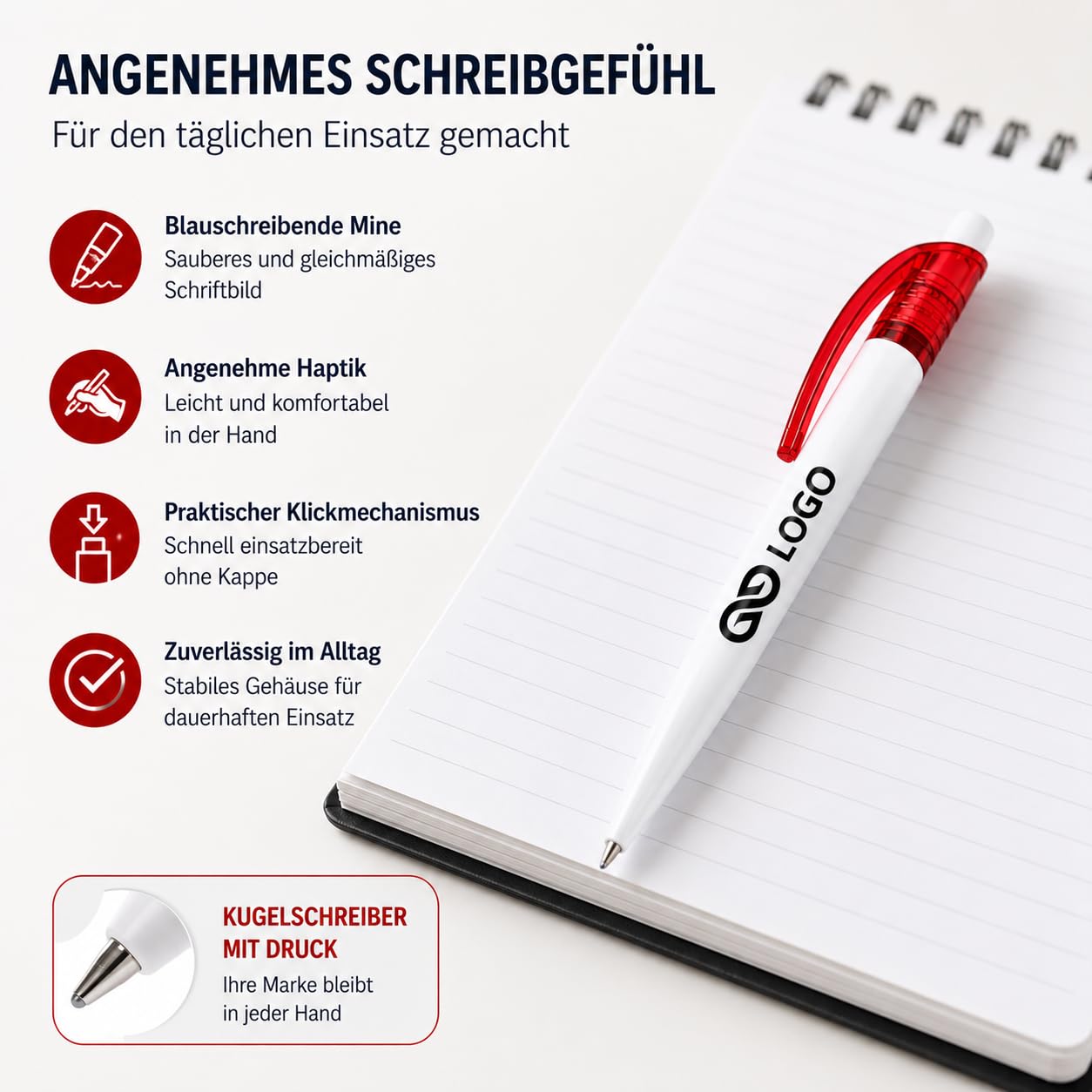 WPRO Werbekugelschreiber mit Logo Alex 100 Stück personalisiert, Kugelschreiber bedrucken für Firmen Messe Events, blauschreibend, 5 Farben, Druck inklusive
