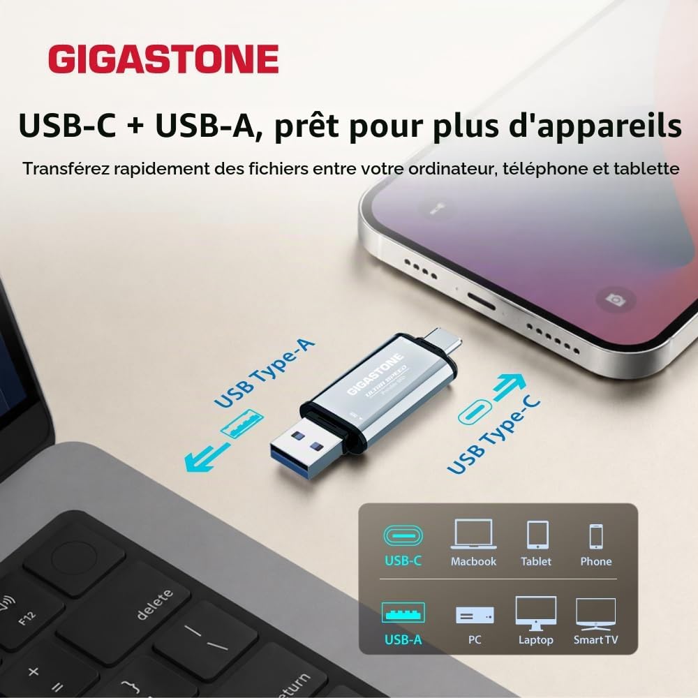 Gigastone SSD Externe 1To USB-A+C jusqu'à 500 Mo/s pour PS5 iPhone16 4K 60fps ProRes USB 3.2 Gén2 Disque Dur SSD Portable pour MacBook iPad PlayStation Xbox Duo Go