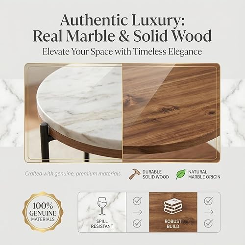 Miniatura 7 de Lyra - Mesa auxiliar redonda de mármol – Estante de madera de acacia maciza, mesa auxiliar de almacenamiento abierta para sala de estar, dormitorio,
