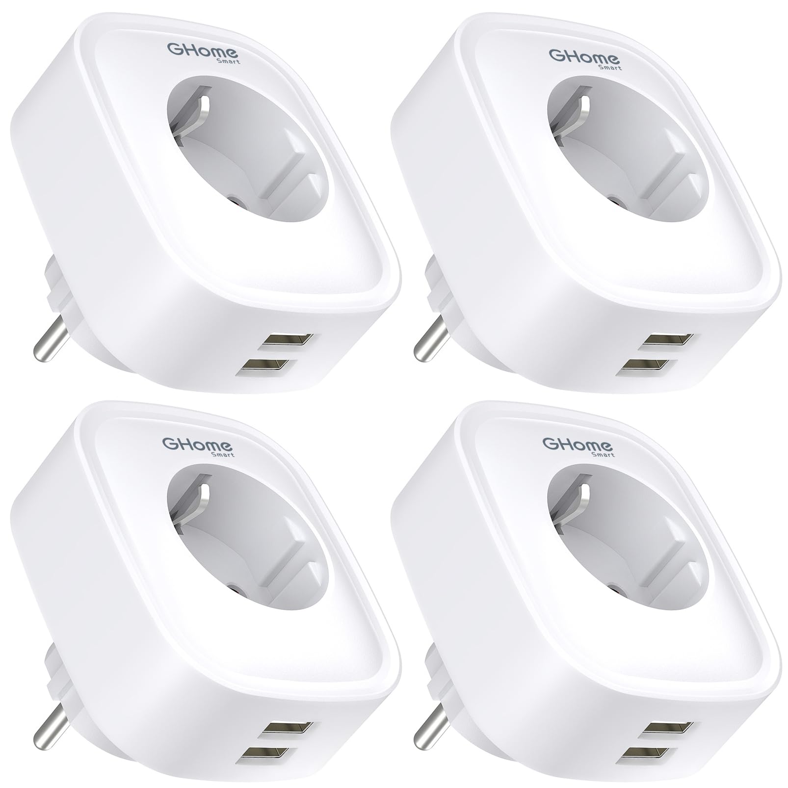 GHome Smart GHome Smart Enchufe Inteligente WiFi 16A con 2 USB, Enchufe Alexa con Monitor de Energía y con Alexa/Google Home, Enchufe Programable, Función de Temporizador, 4 Pcs