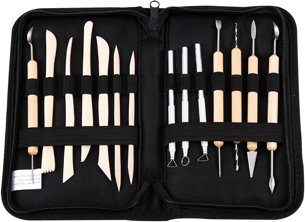 Polymer Clay Tools, 14 Pcs Wooden Handle Wax Clay Sculpting Carving DIY Tools Kit, Spatula Chisel Carver Set and Canvas Case for Sculpting, Detailing, Pottery Carving, Shapers Modeling Art Crafts
