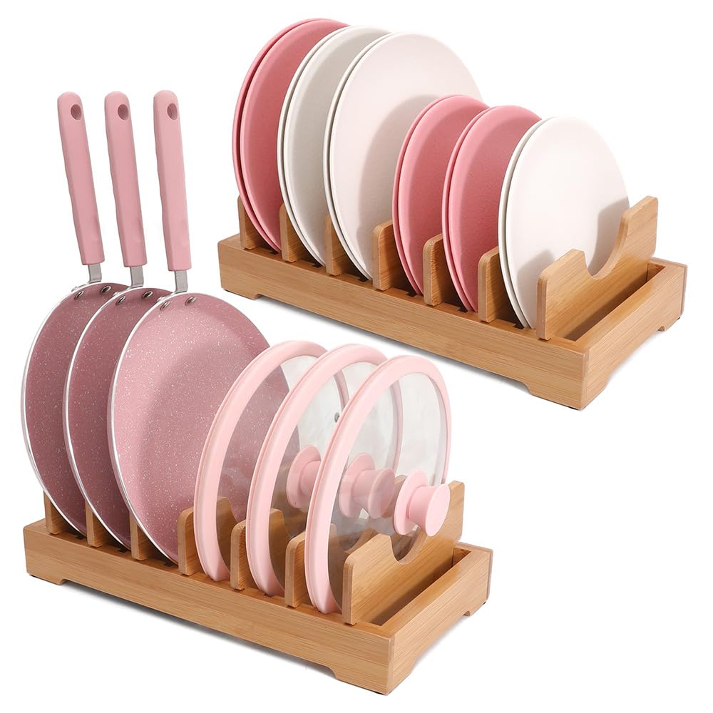 XiaoyuziTF Bamboo kitchen storage rack - adjustable lid rack, suitable for cabinet storage, perfect for pots, pans, cutting boards, baking pans, plates, etc- Keep the kitchen clean and tidy
