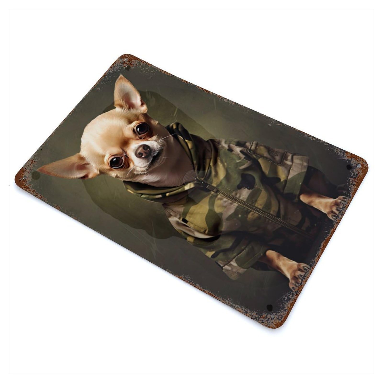 Aged Metal Wall Plaque with Chihuahua Camo Jacket Design 11.8"x7.9", for Basement, Hobby Room And Garage Decor, Farmhouse Wall Decor