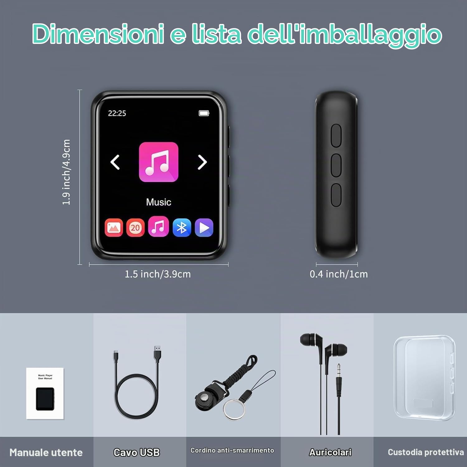 64GB Lettore MP3 con Bluetooth 5.0, Portatile Hi-Fi Sound Lettore di musica con Altoparlante, Line-in Registratore Vocale, Radio FM, e-book, Full Touch Schermo, Supporto fino a 128 GB di schede