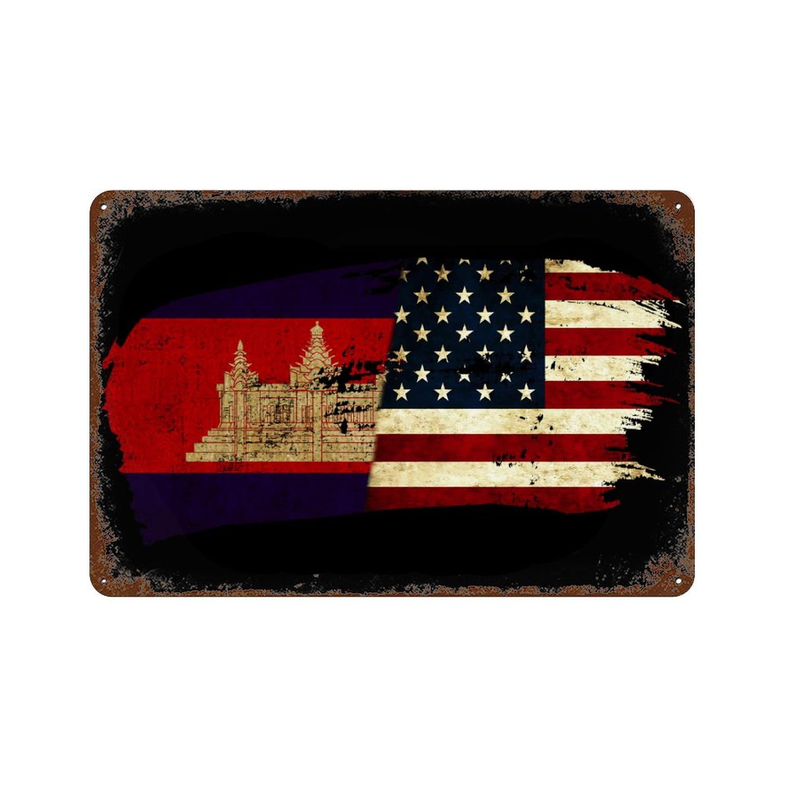 KWQDOZF Cambodians America Flag Theme Metal Tin Sign,Vintage Iron Hanging Plate Horizontal with Rust Poster Wall Decor 8x12inch