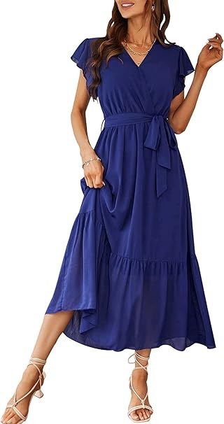 PRETTYGARDEN Women's Summer Floral Boho Maxi Dress Wrap Short Sleeve V Neck Ruffle A-Line Flowy Wedding Guest Long Dresses